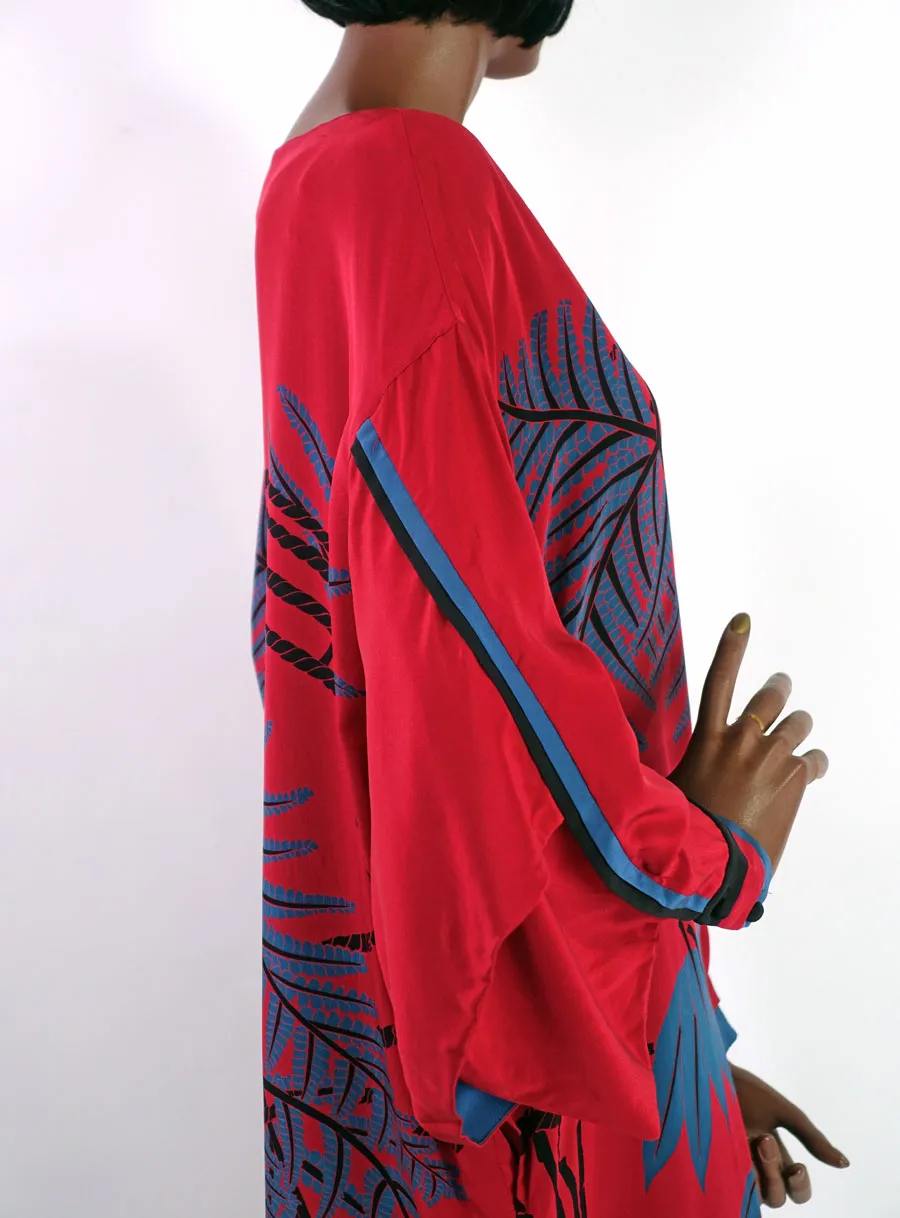 80s Dress Dramatic Vintage Wedding Guest Silk Kimono Sleeves Bold Graphic Print Women's Medium Sue Wong VFG