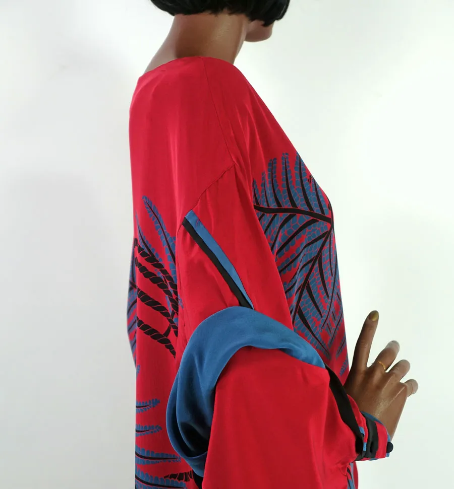 80s Dress Dramatic Vintage Wedding Guest Silk Kimono Sleeves Bold Graphic Print Women's Medium Sue Wong VFG