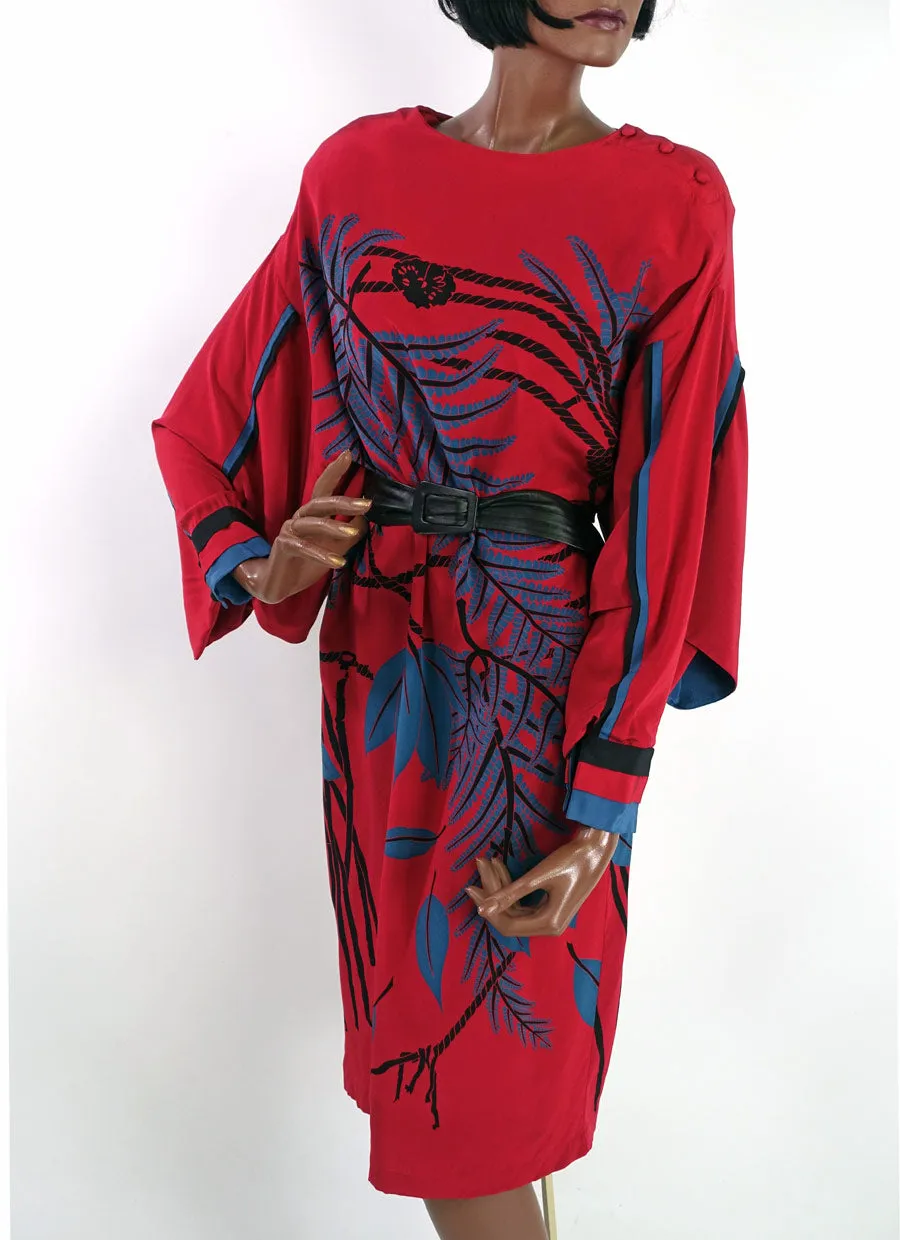 80s Dress Dramatic Vintage Wedding Guest Silk Kimono Sleeves Bold Graphic Print Women's Medium Sue Wong VFG
