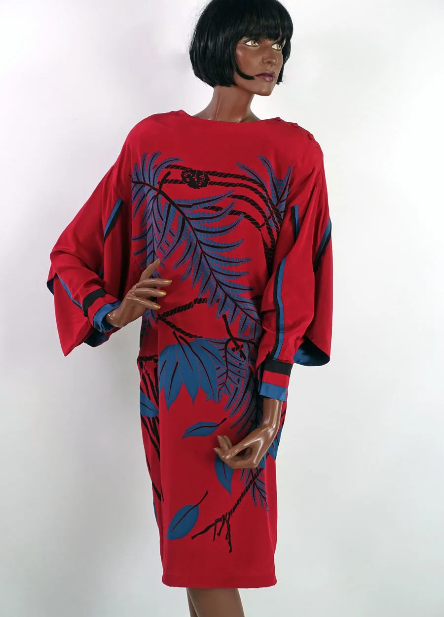 80s Dress Dramatic Vintage Wedding Guest Silk Kimono Sleeves Bold Graphic Print Women's Medium Sue Wong VFG