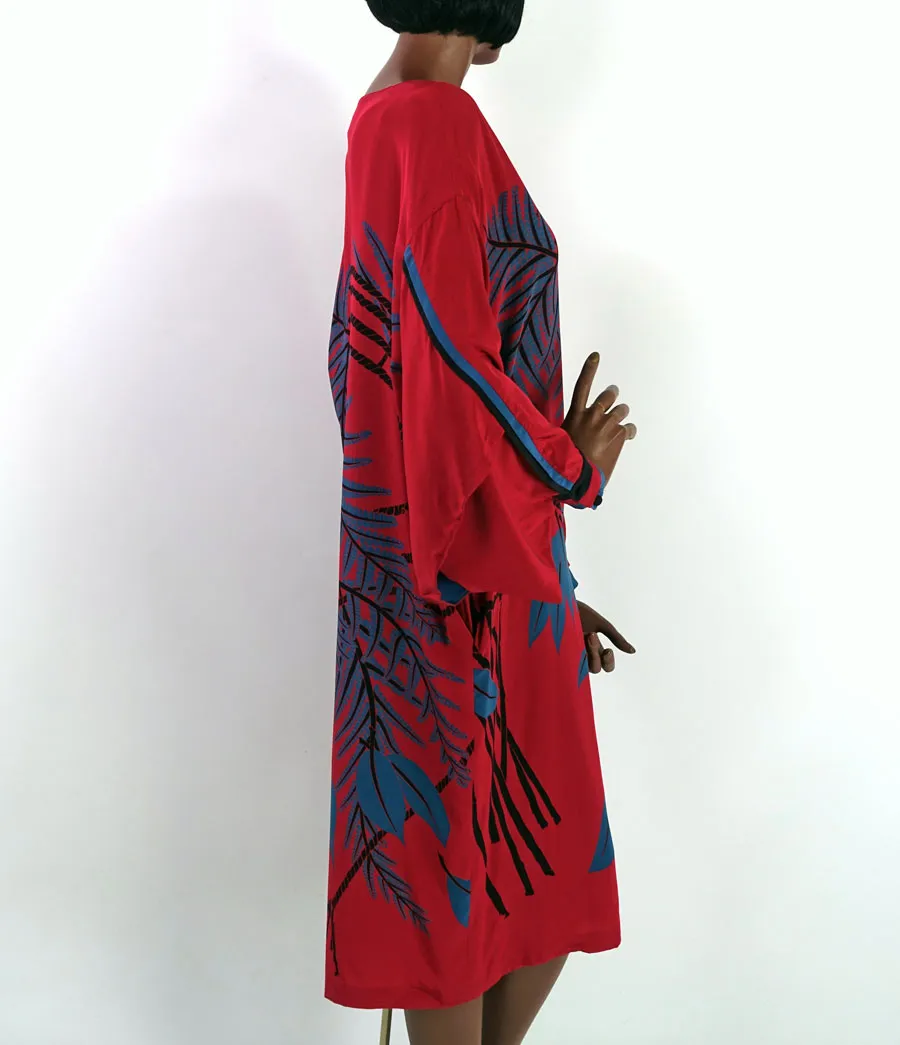 80s Dress Dramatic Vintage Wedding Guest Silk Kimono Sleeves Bold Graphic Print Women's Medium Sue Wong VFG