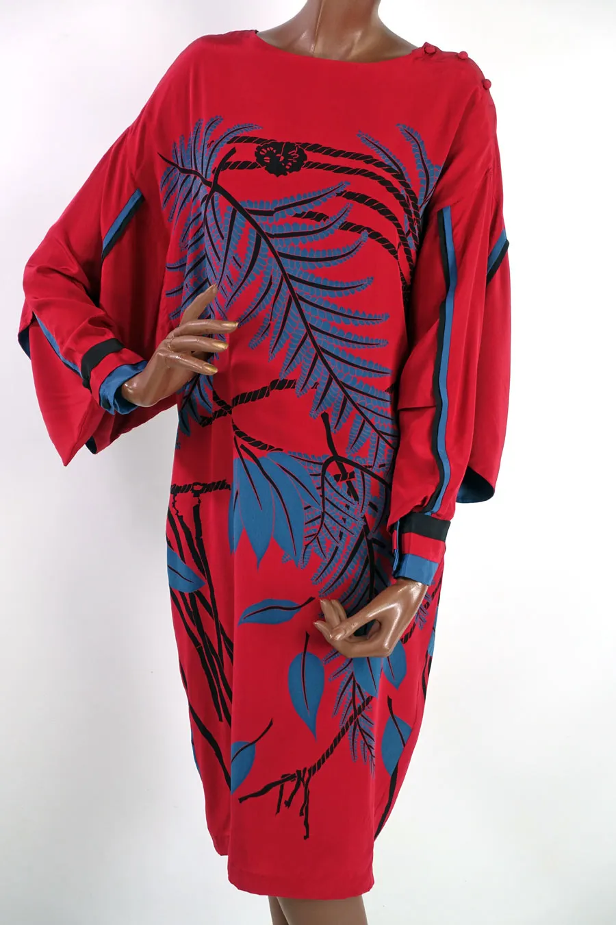 80s Dress Dramatic Vintage Wedding Guest Silk Kimono Sleeves Bold Graphic Print Women's Medium Sue Wong VFG
