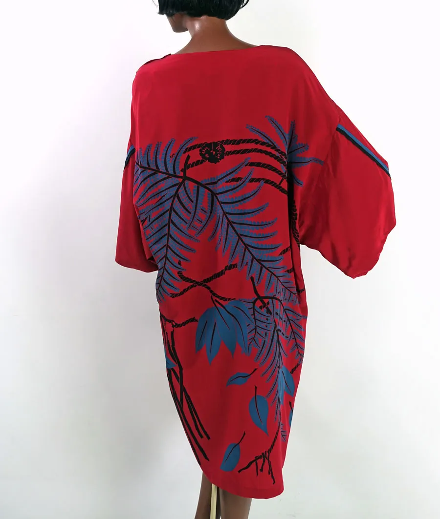 80s Dress Dramatic Vintage Wedding Guest Silk Kimono Sleeves Bold Graphic Print Women's Medium Sue Wong VFG