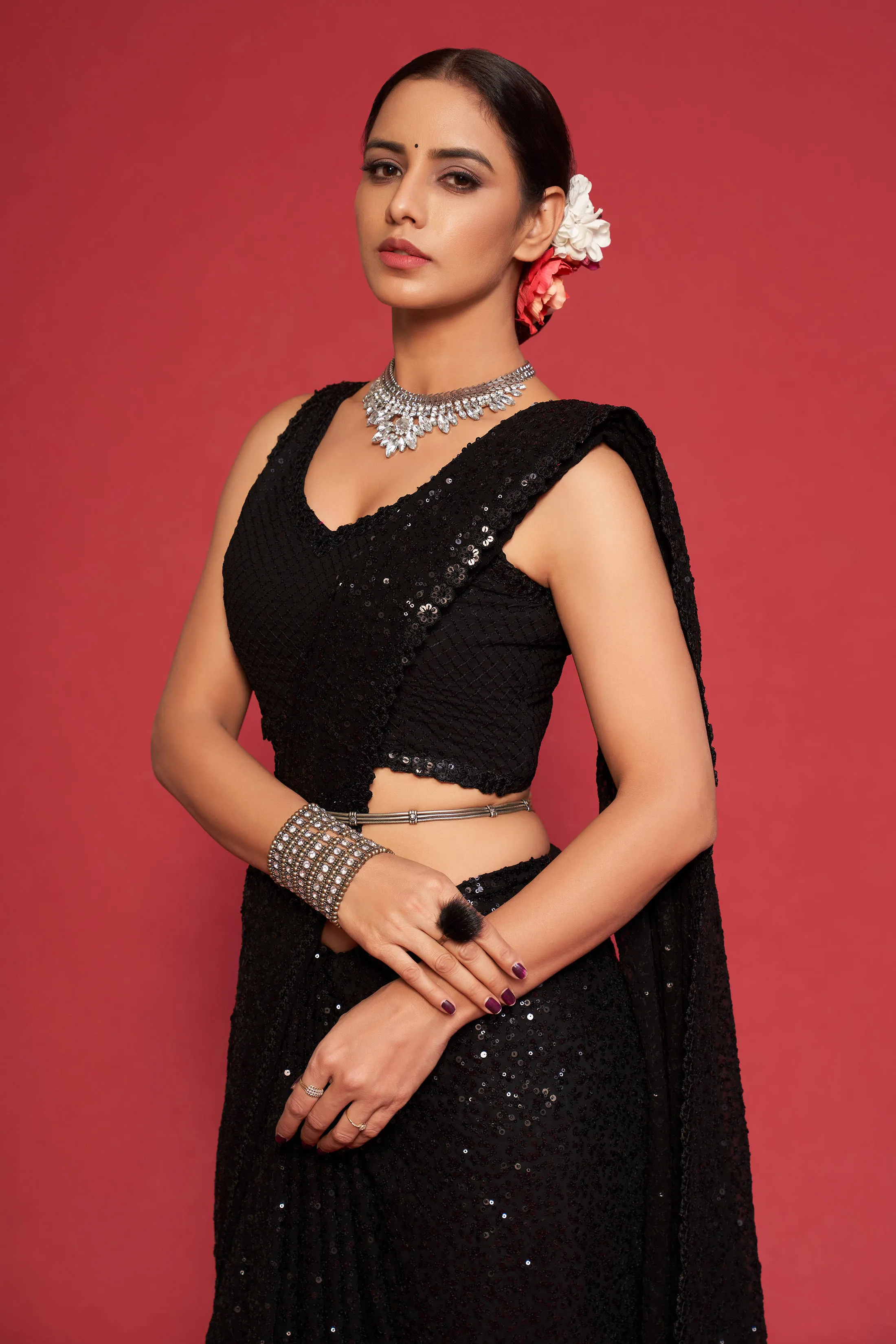 Adorable Black Sequined Georgette Party Wear Saree