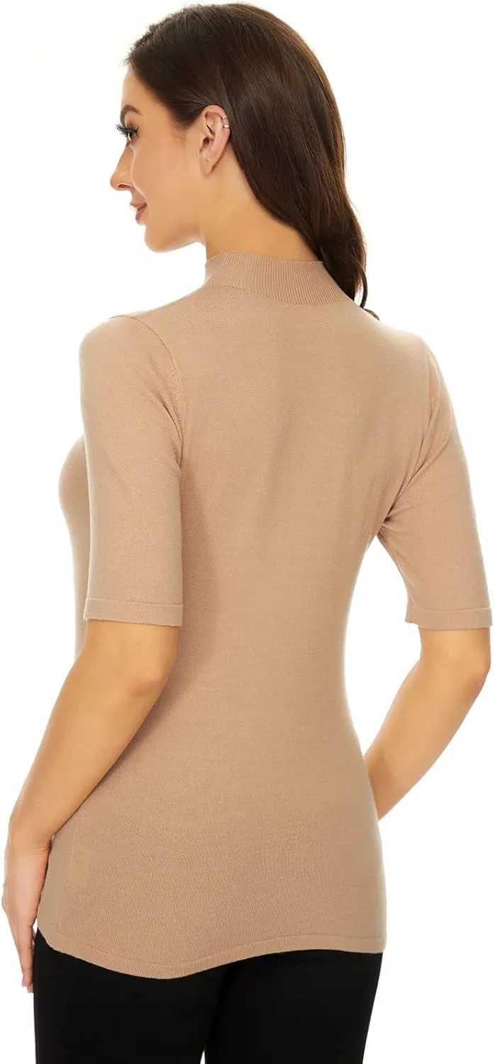 Anbenser Women’s Short Sleeve Mock Pullover Sweater Knit Jersey Top Slim Fit