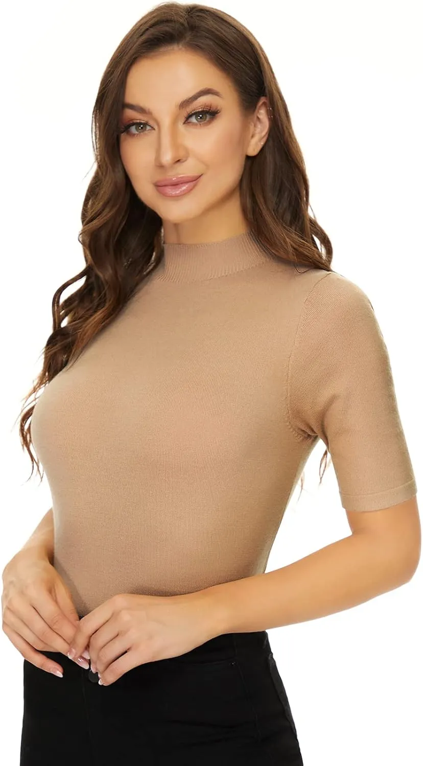 Anbenser Women’s Short Sleeve Mock Pullover Sweater Knit Jersey Top Slim Fit