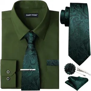 Barry.Wang Solid Colors Mens Dress Shirt and Tie Set Formal Business Wedding Shirts Long Sleeve Button Down Casual 5PCS