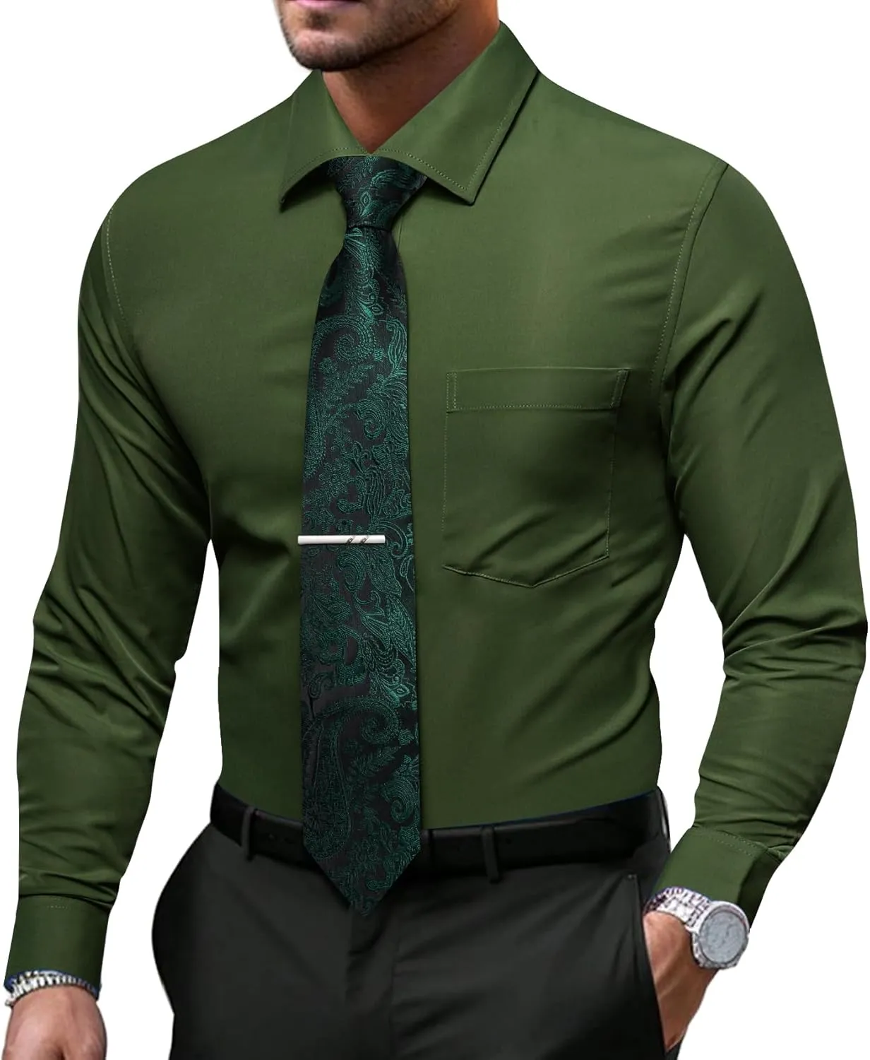 Barry.Wang Solid Colors Mens Dress Shirt and Tie Set Formal Business Wedding Shirts Long Sleeve Button Down Casual 5PCS
