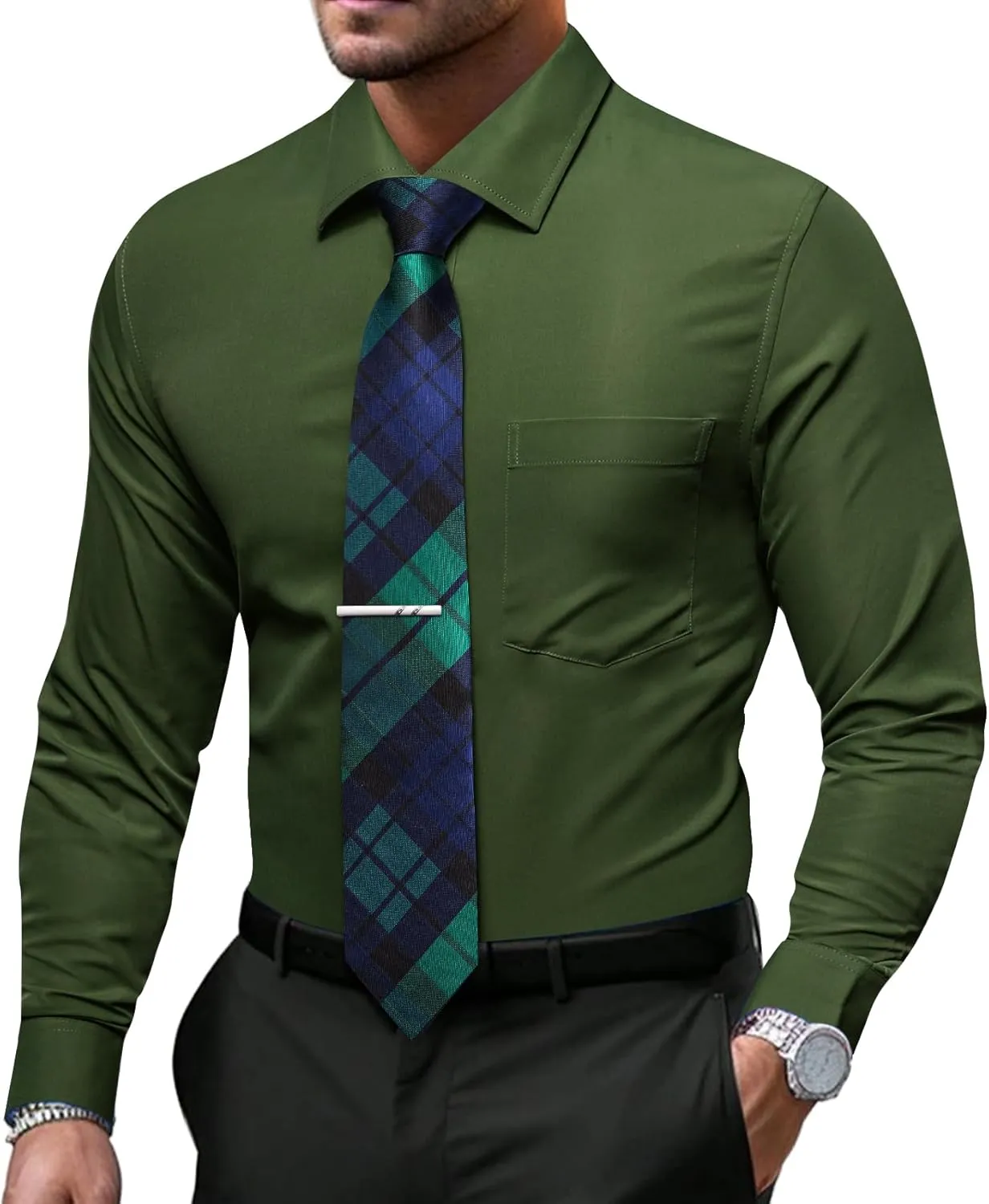 Barry.Wang Solid Colors Mens Dress Shirt and Tie Set Formal Business Wedding Shirts Long Sleeve Button Down Casual 5PCS