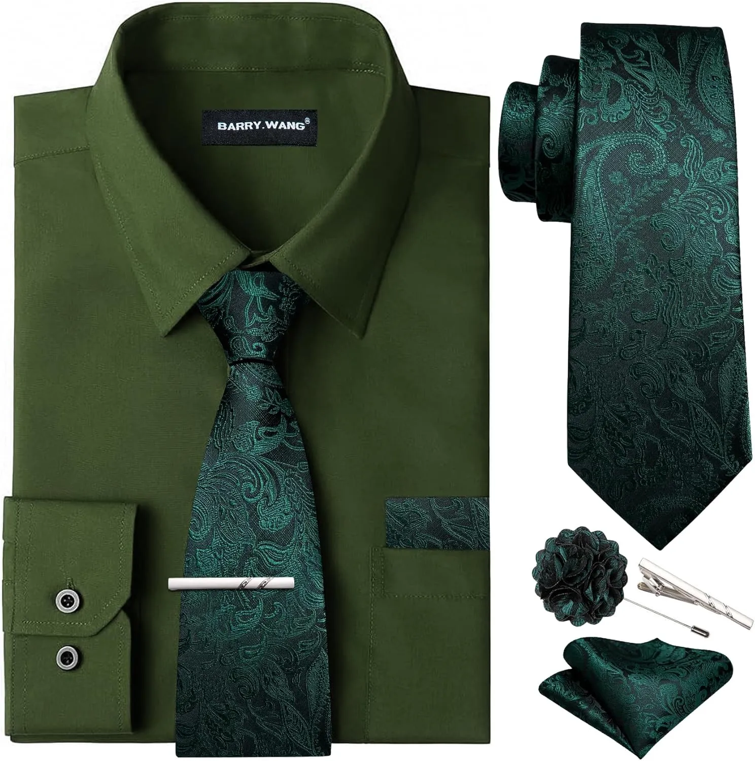 Barry.Wang Solid Colors Mens Dress Shirt and Tie Set Formal Business Wedding Shirts Long Sleeve Button Down Casual 5PCS