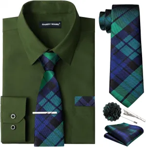 Barry.Wang Solid Colors Mens Dress Shirt and Tie Set Formal Business Wedding Shirts Long Sleeve Button Down Casual 5PCS