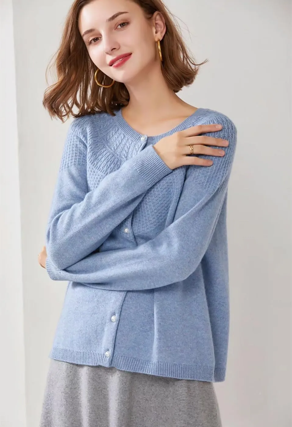 Cashmere Cable Knit Cardigan Sweater for Women Long Sleeve Cable Knit Button Down Women's Pullover Warm Soft