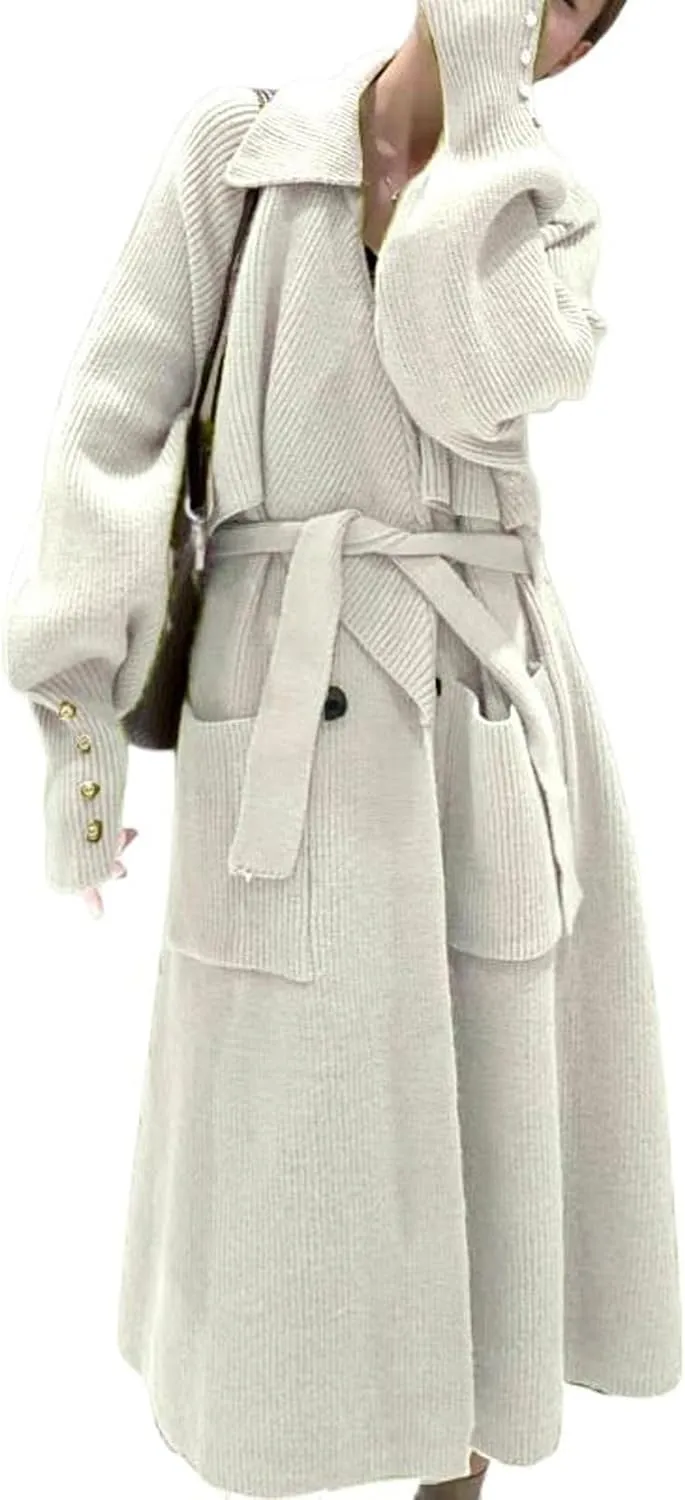 CHARTOU Women's Elegant Lapel Collar Rib-Knit Open Front Cardigan Long Sweater Jacket Overcoat