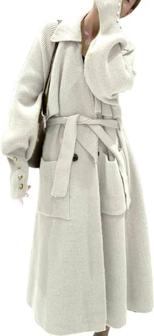 CHARTOU Women's Elegant Lapel Collar Rib-Knit Open Front Cardigan Long Sweater Jacket Overcoat