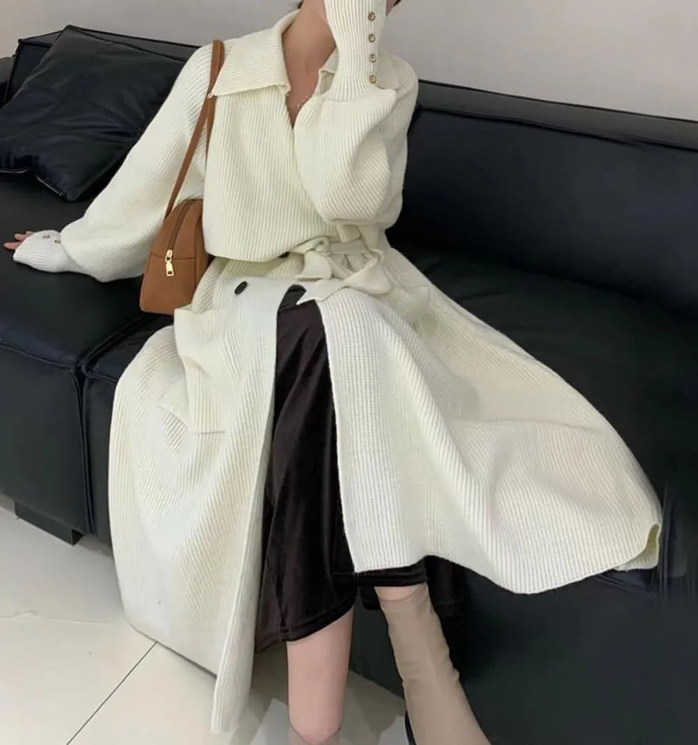 CHARTOU Women's Elegant Lapel Collar Rib-Knit Open Front Cardigan Long Sweater Jacket Overcoat