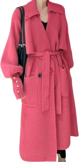 CHARTOU Women's Elegant Lapel Collar Rib-Knit Open Front Cardigan Long Sweater Jacket Overcoat
