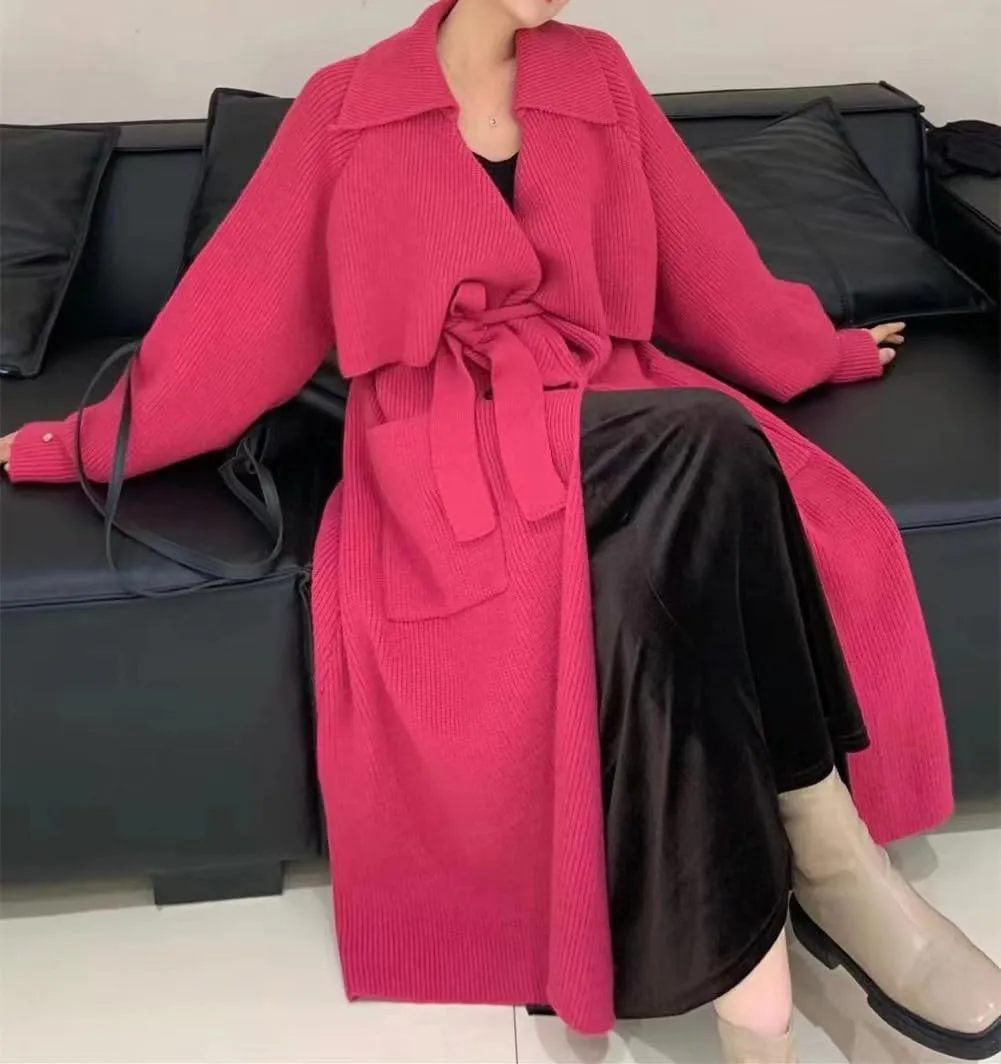 CHARTOU Women's Elegant Lapel Collar Rib-Knit Open Front Cardigan Long Sweater Jacket Overcoat