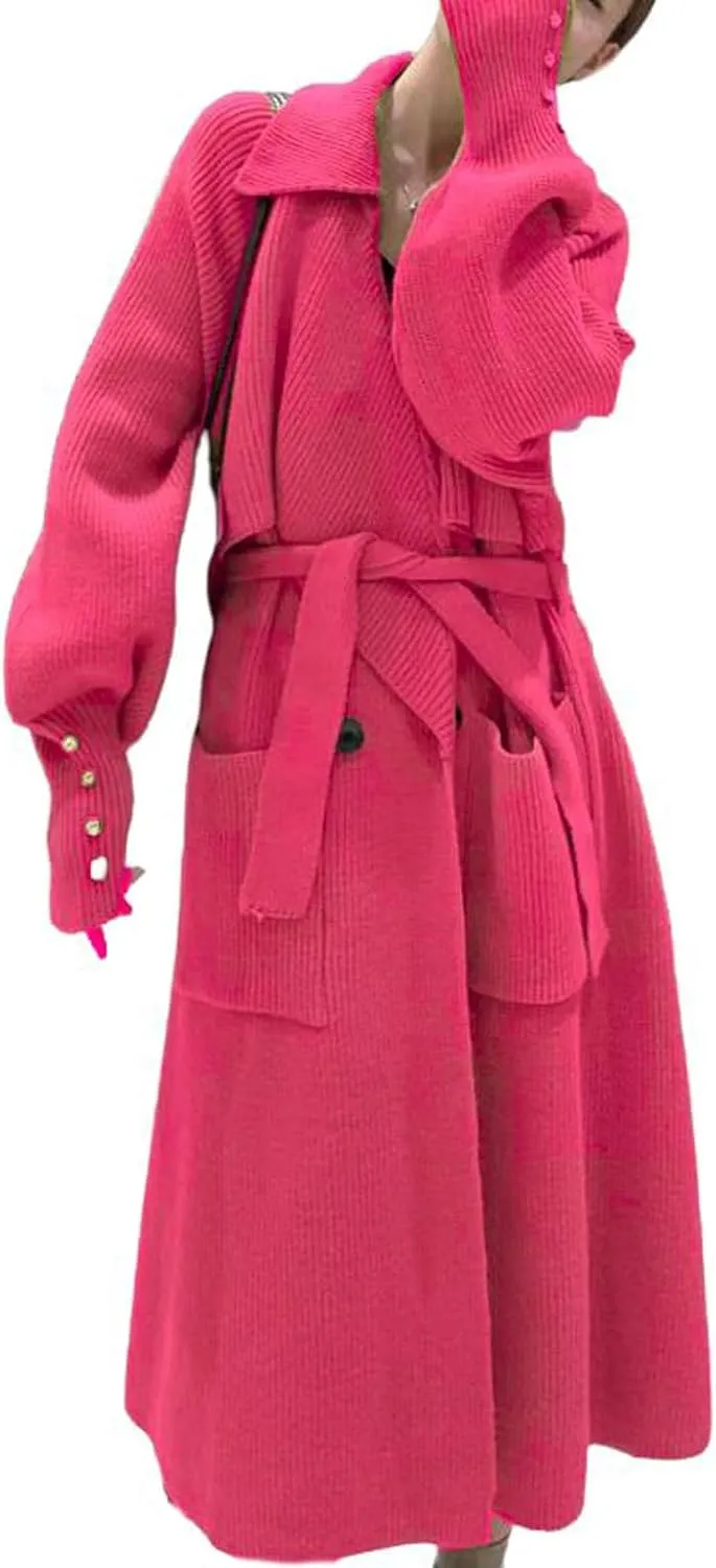 CHARTOU Women's Elegant Lapel Collar Rib-Knit Open Front Cardigan Long Sweater Jacket Overcoat