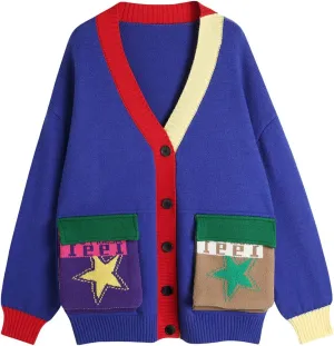 Ckikiou Fall Winter Oversized Long Sleeve Button Color Block Down Chunky Knitted Cardigan Sweater Top for Women