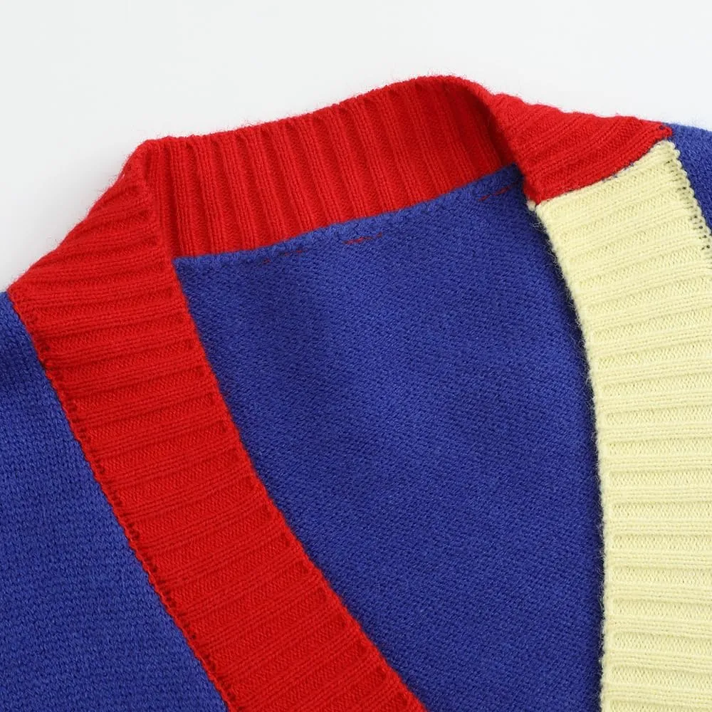 Ckikiou Fall Winter Oversized Long Sleeve Button Color Block Down Chunky Knitted Cardigan Sweater Top for Women