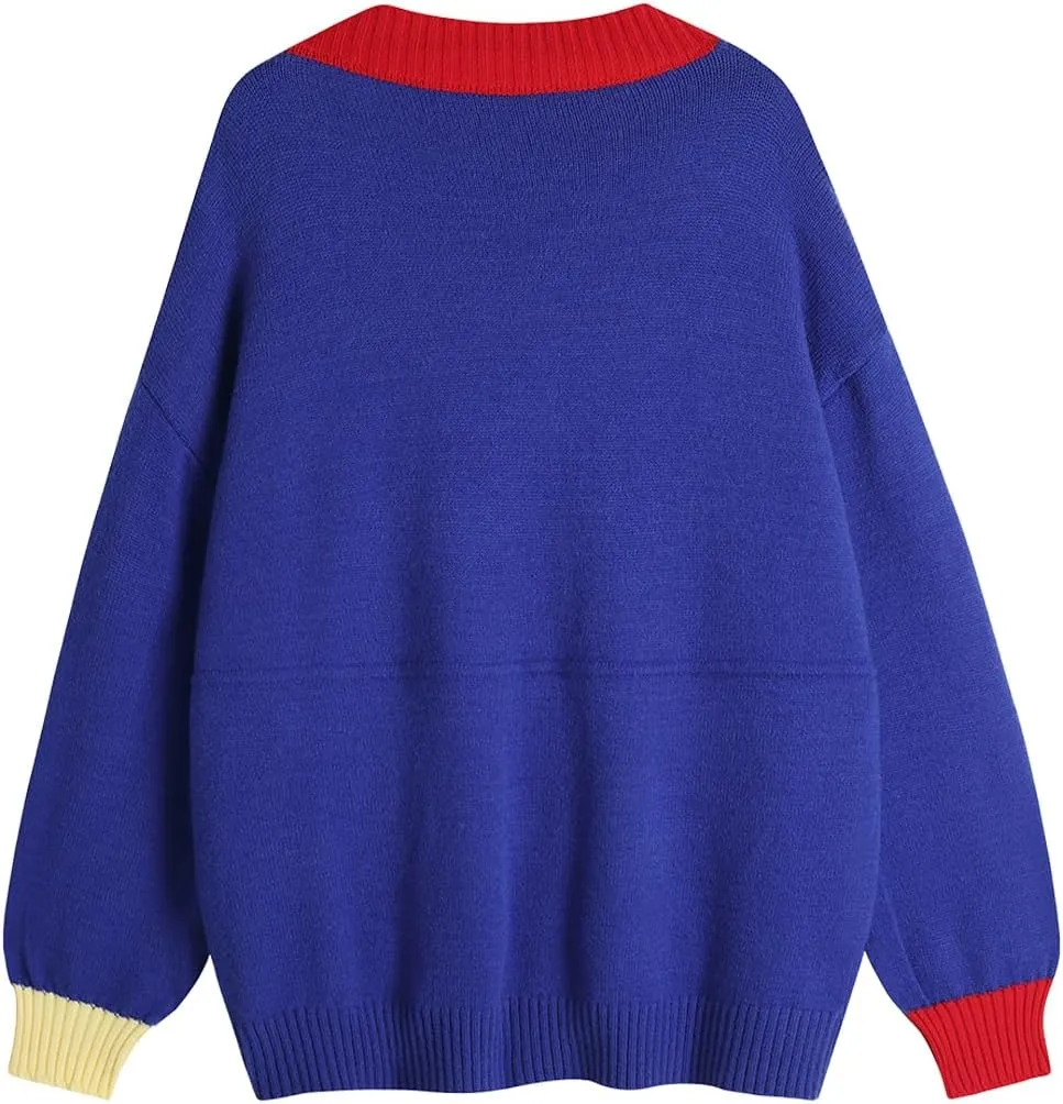 Ckikiou Fall Winter Oversized Long Sleeve Button Color Block Down Chunky Knitted Cardigan Sweater Top for Women