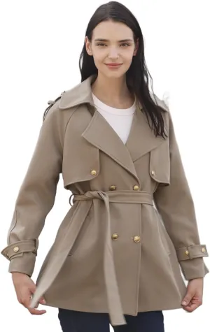 CLIPART Women's Double-Breasted Belted Trench Coat, Golden buttons,3 Colors,Spring, Fall,Trendy, Chic Casual,Water Resistant