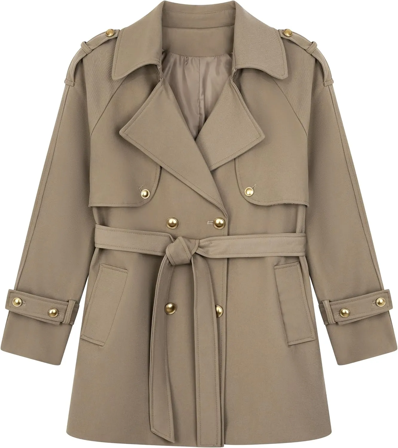 CLIPART Women's Double-Breasted Belted Trench Coat, Golden buttons,3 Colors,Spring, Fall,Trendy, Chic Casual,Water Resistant