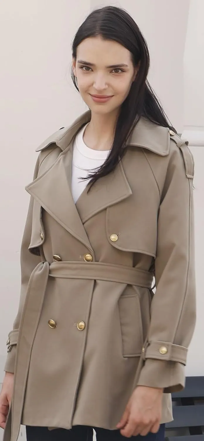 CLIPART Women's Double-Breasted Belted Trench Coat, Golden buttons,3 Colors,Spring, Fall,Trendy, Chic Casual,Water Resistant