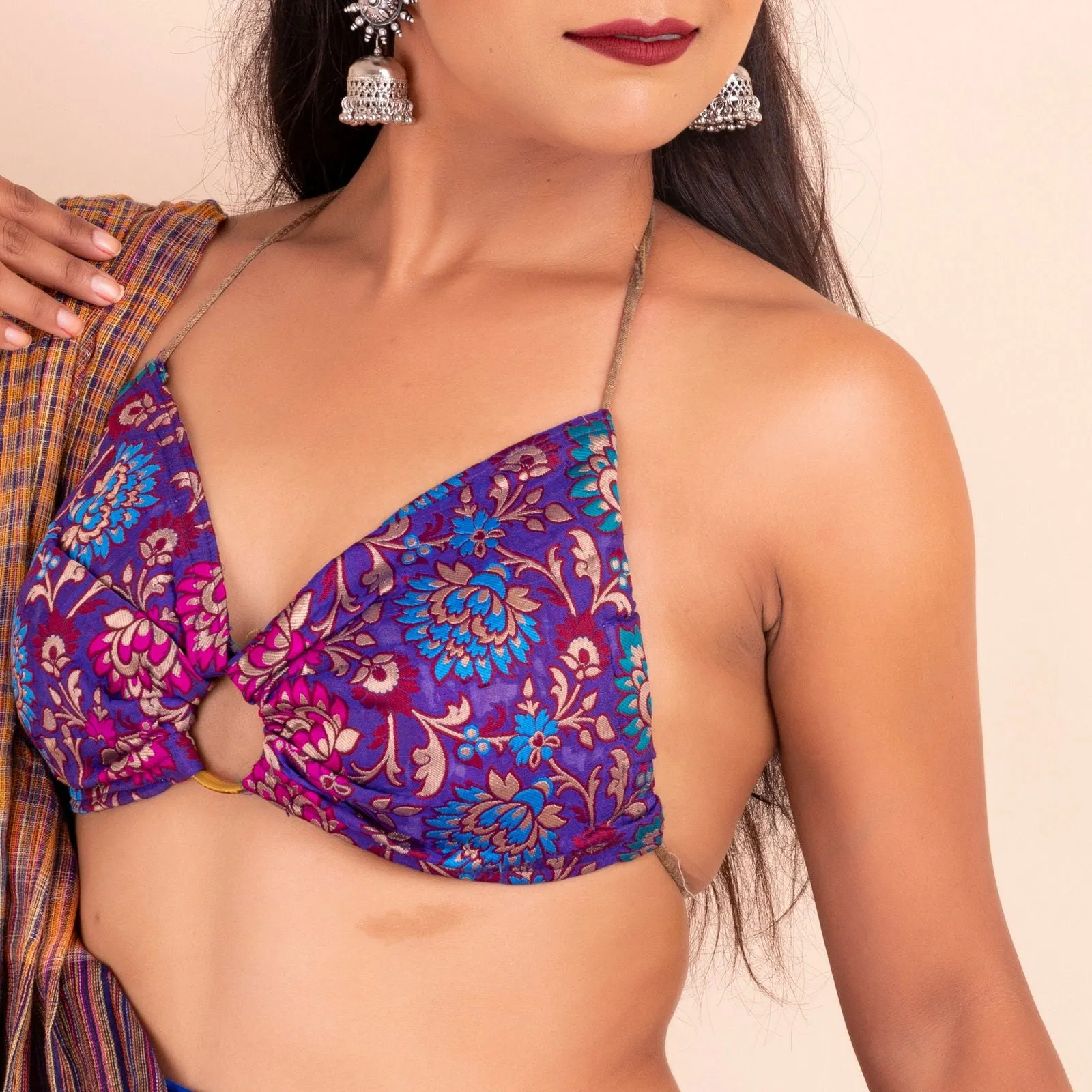 Designer Fabric Purple Brocade Backless Halter Neck Bikini Blouse, Non-Padded