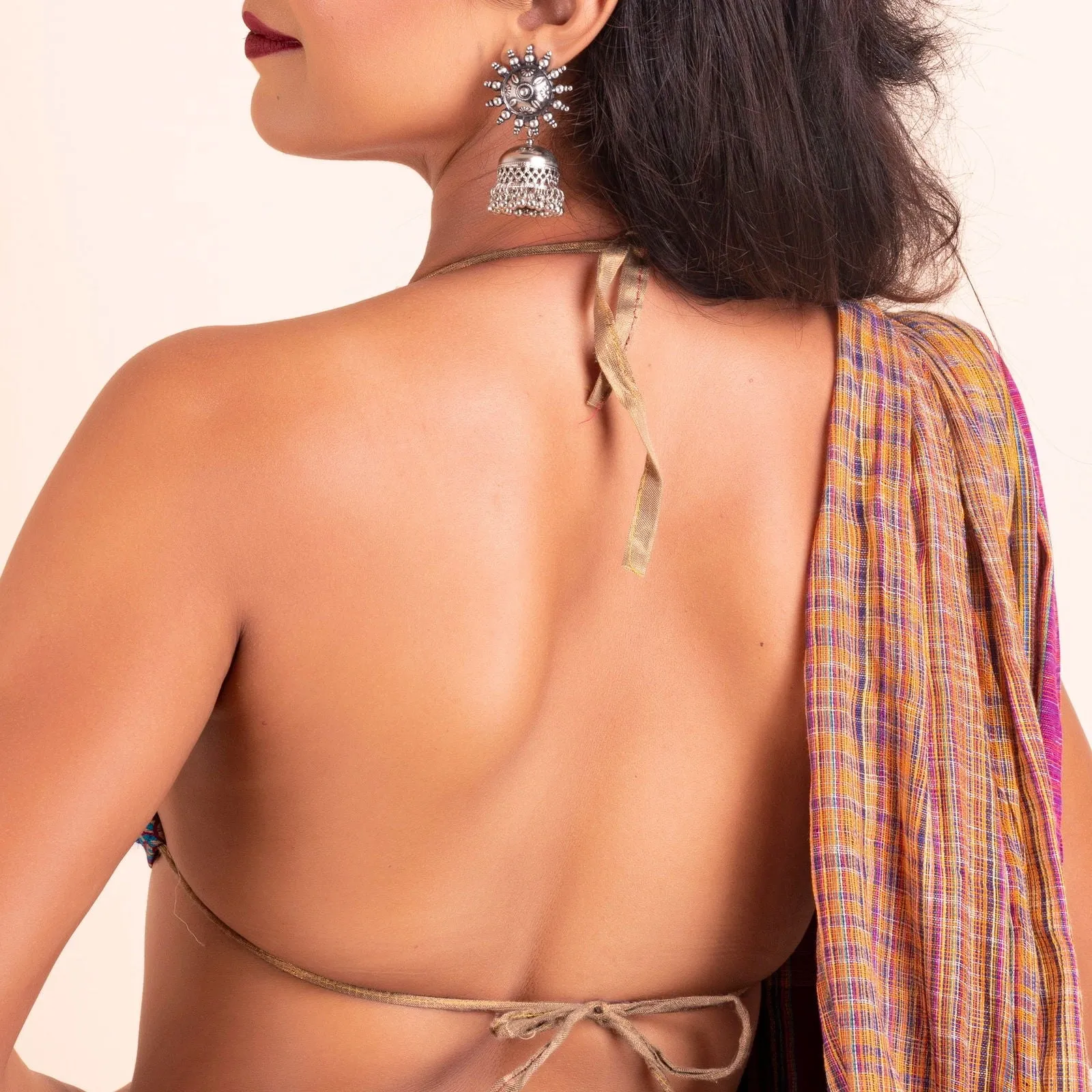 Designer Fabric Purple Brocade Backless Halter Neck Bikini Blouse, Non-Padded