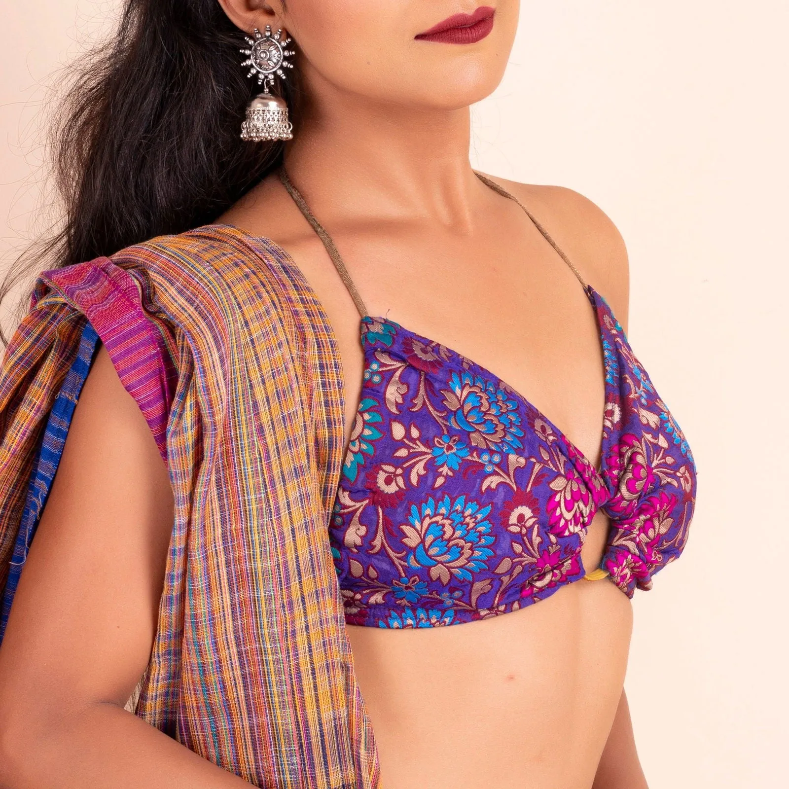 Designer Fabric Purple Brocade Backless Halter Neck Bikini Blouse, Non-Padded