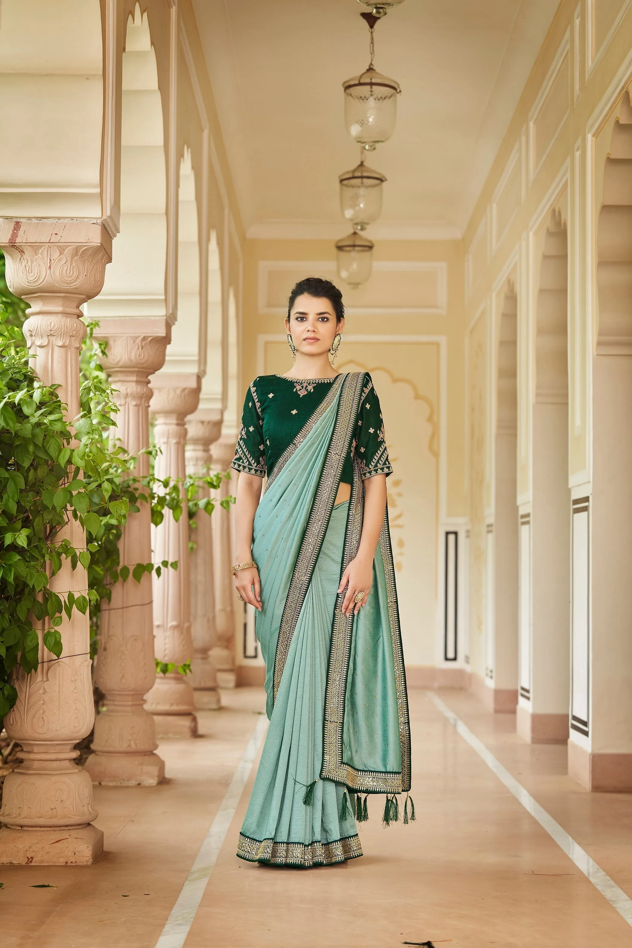 Designer Pista Green Color Swarovski Sequence Work Silk Saree