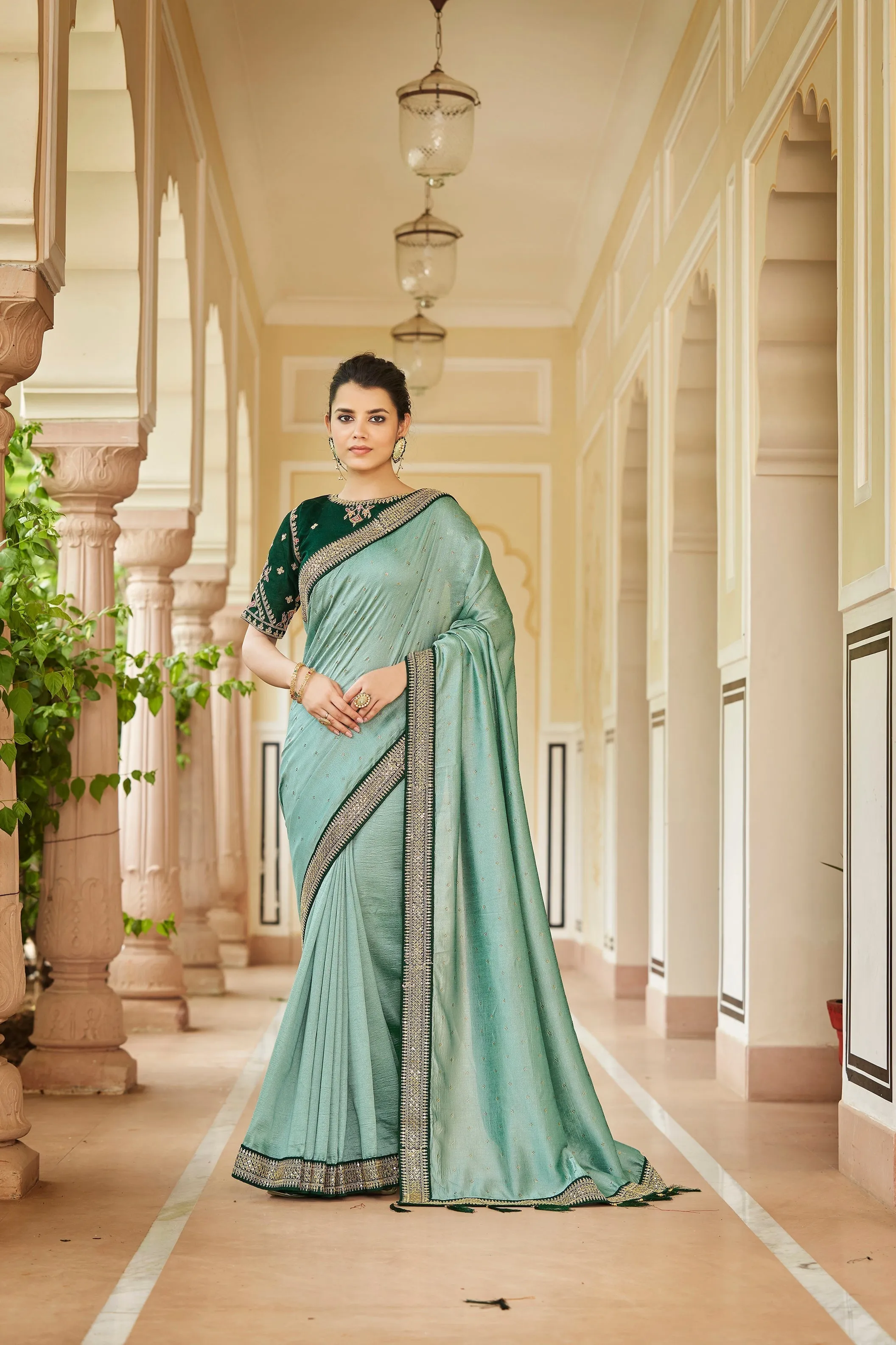 Designer Pista Green Color Swarovski Sequence Work Silk Saree