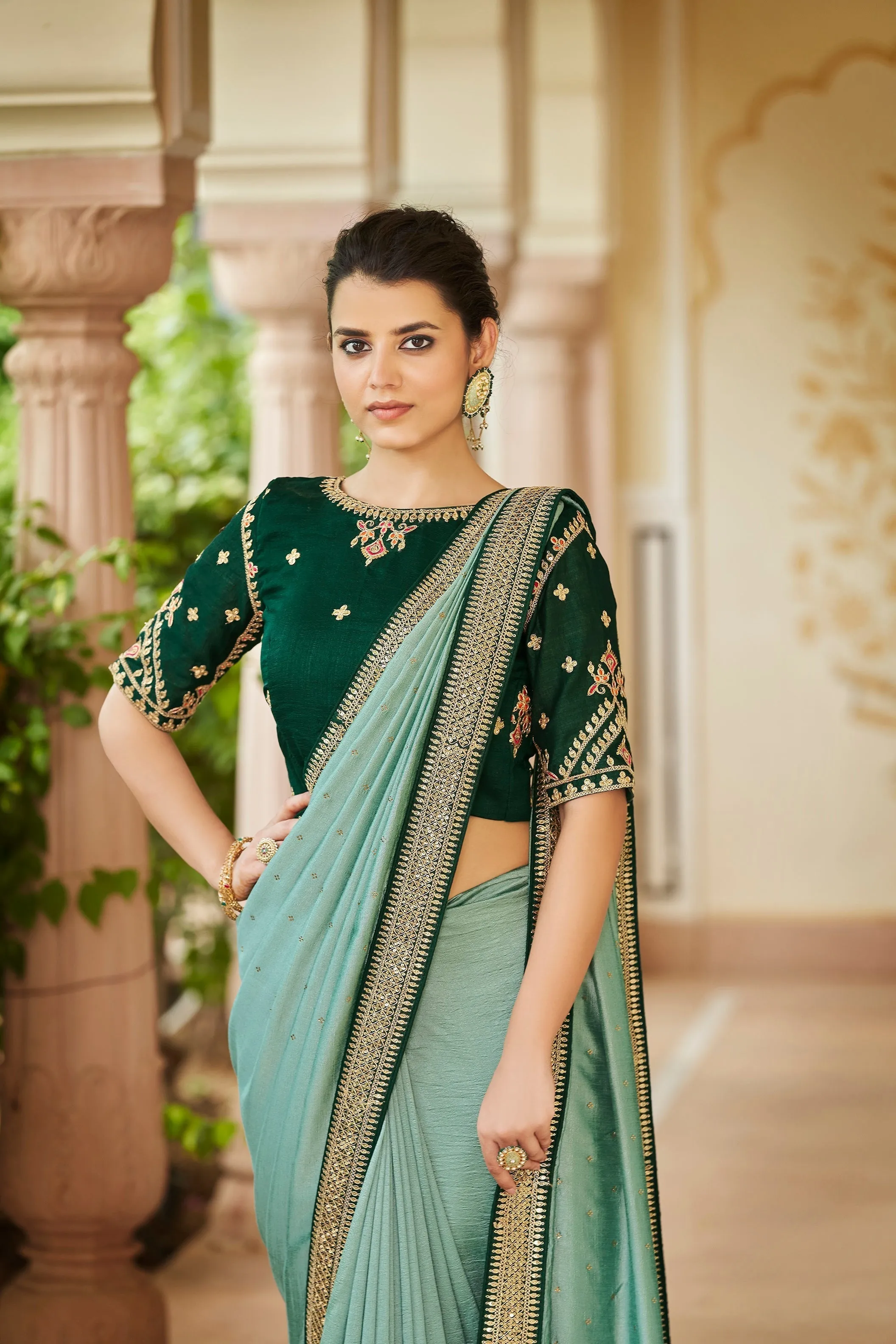 Designer Pista Green Color Swarovski Sequence Work Silk Saree