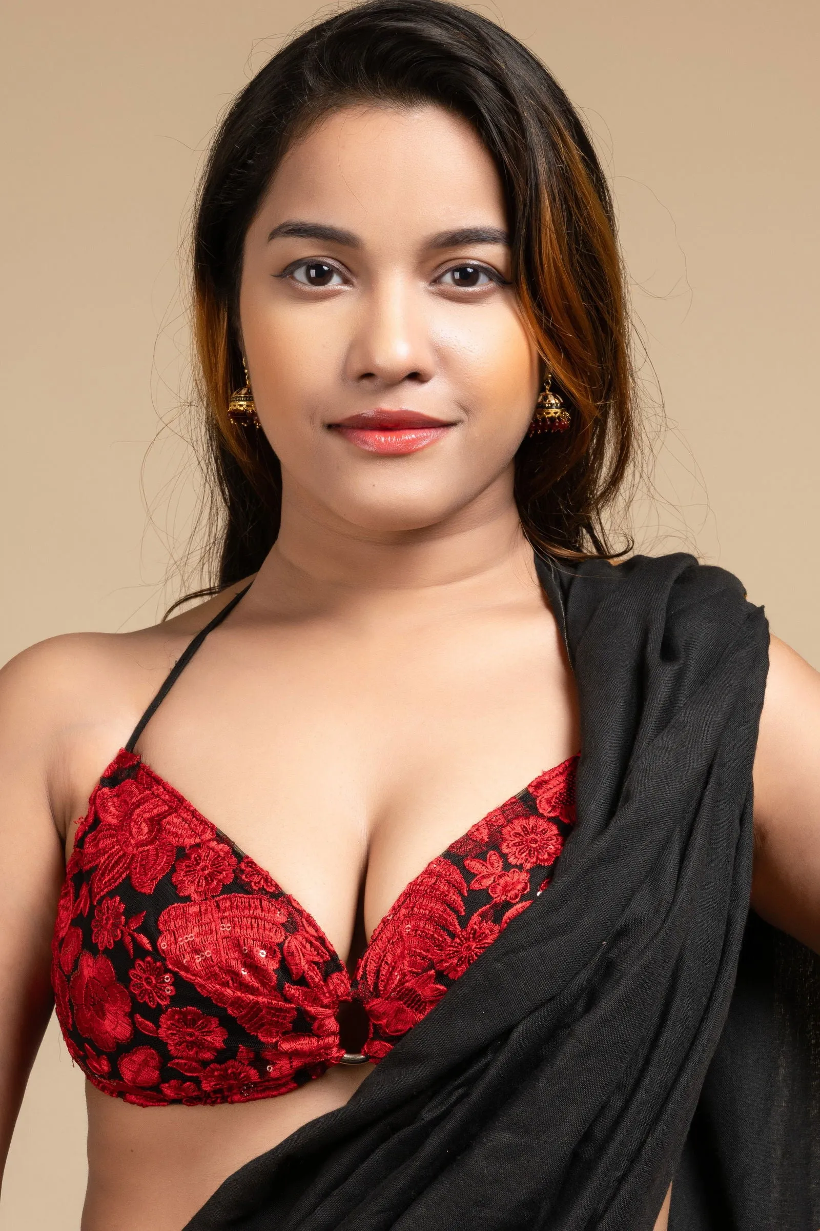 Designer Red Backless Halter Neck Non Padded Bikini Blouse For Women