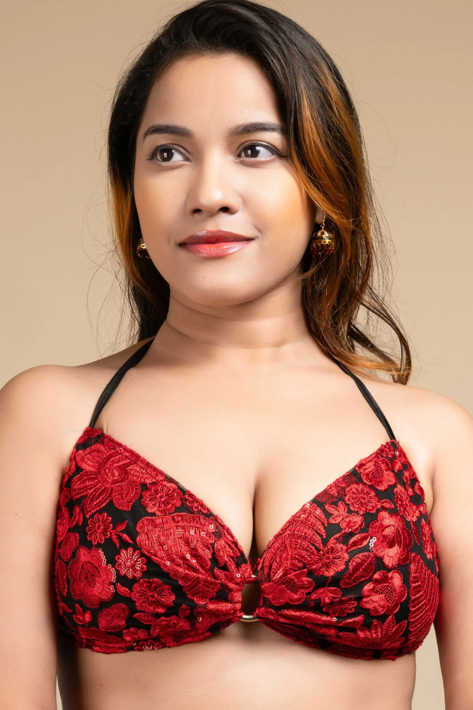 Designer Red Backless Halter Neck Non Padded Bikini Blouse For Women