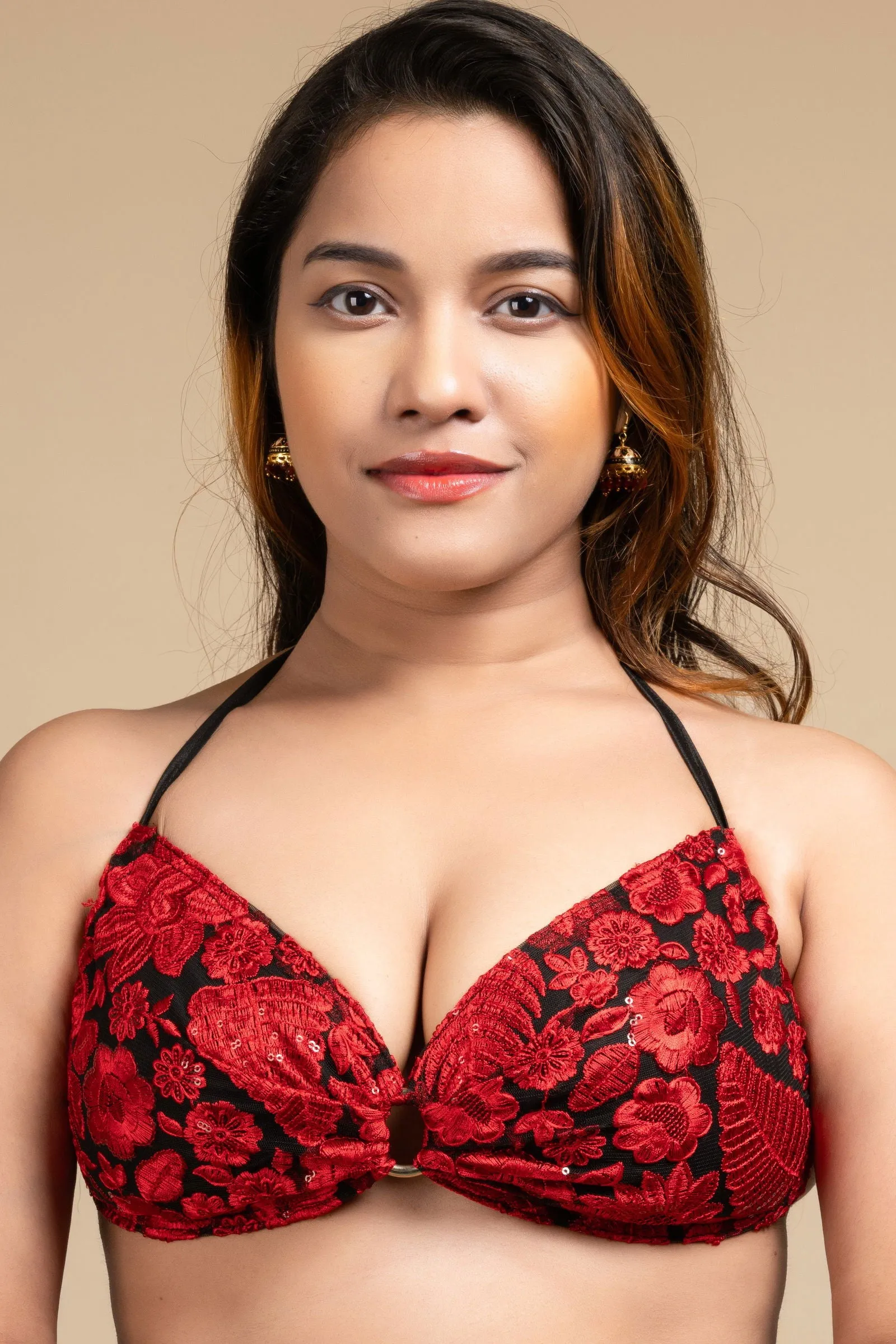 Designer Red Backless Halter Neck Non Padded Bikini Blouse For Women