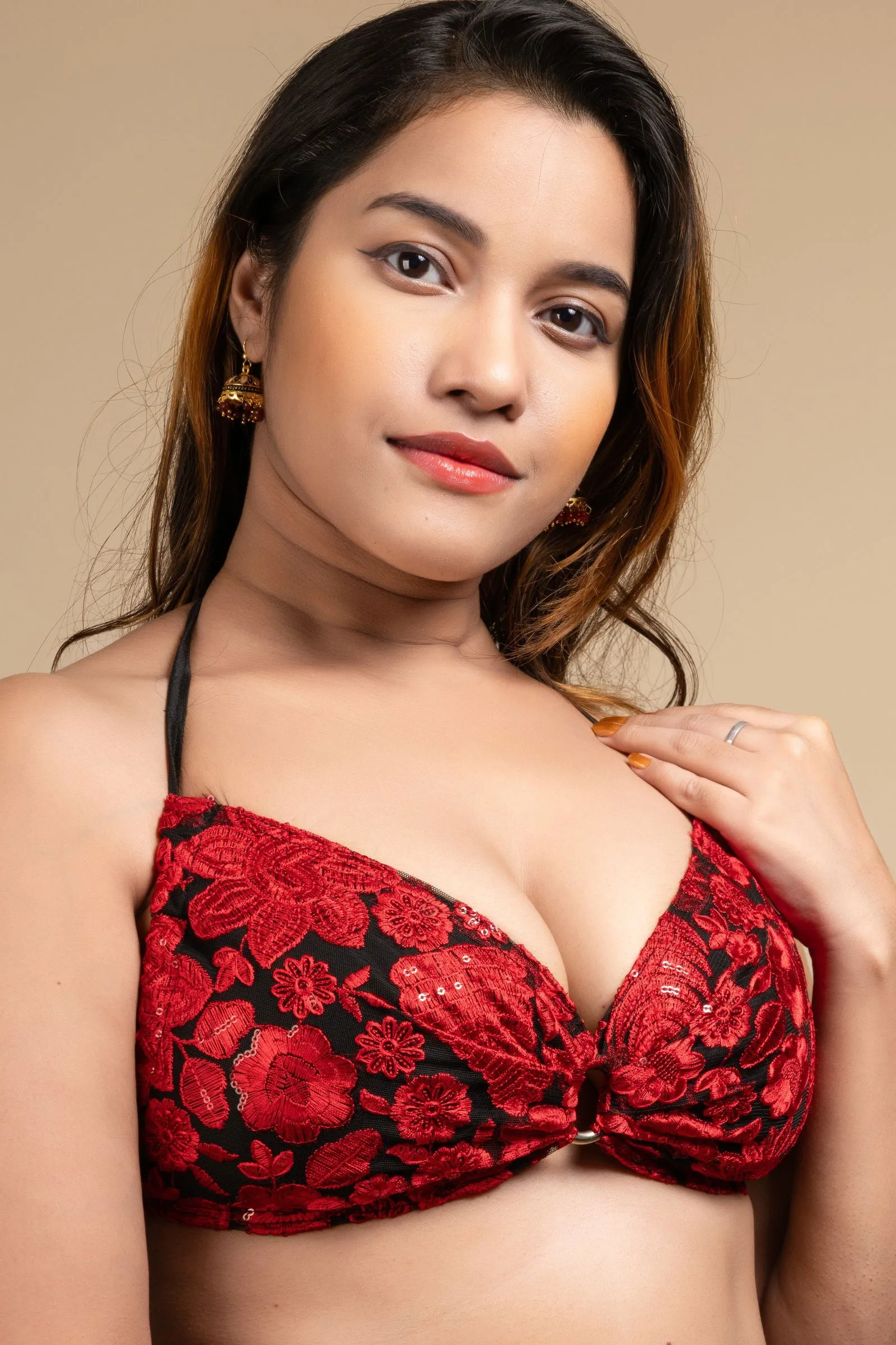 Designer Red Backless Halter Neck Non Padded Bikini Blouse For Women