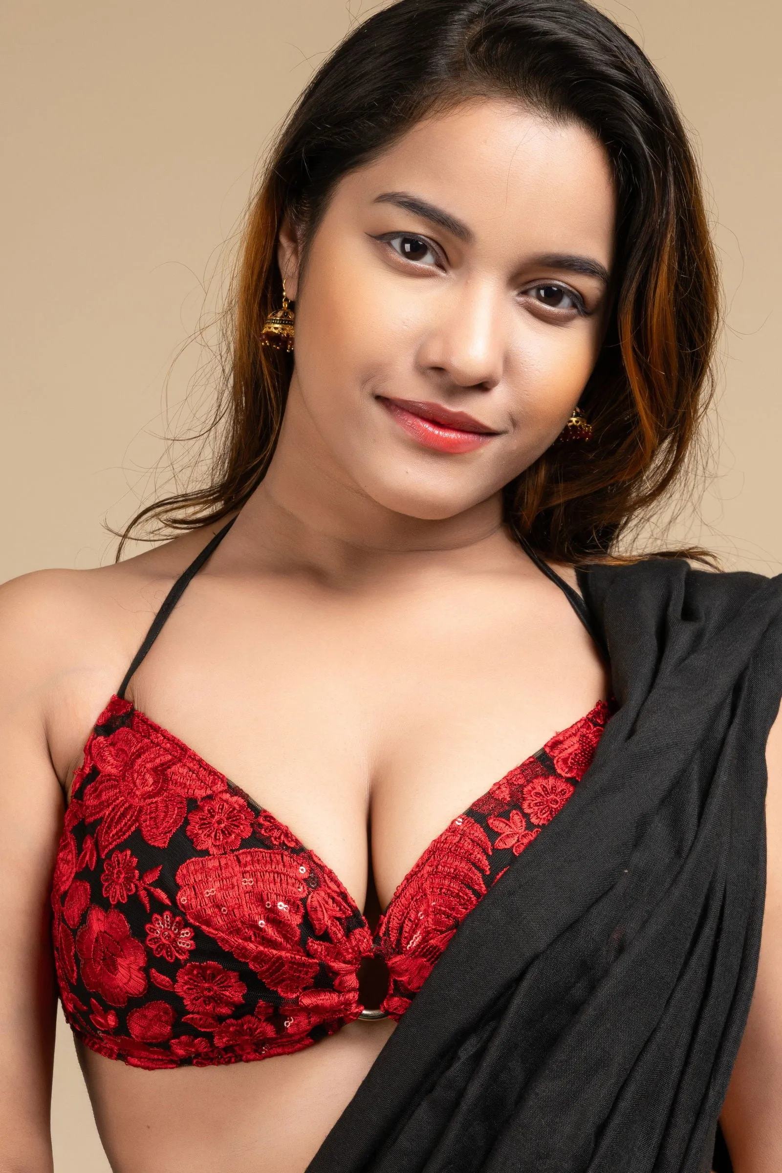 Designer Red Backless Halter Neck Non Padded Bikini Blouse For Women