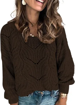 Dokotoo Womens Sweaters 2024 Crewneck Cute Elegant Soft Long Sleeve Hollow Cable Knit Pullover Tops