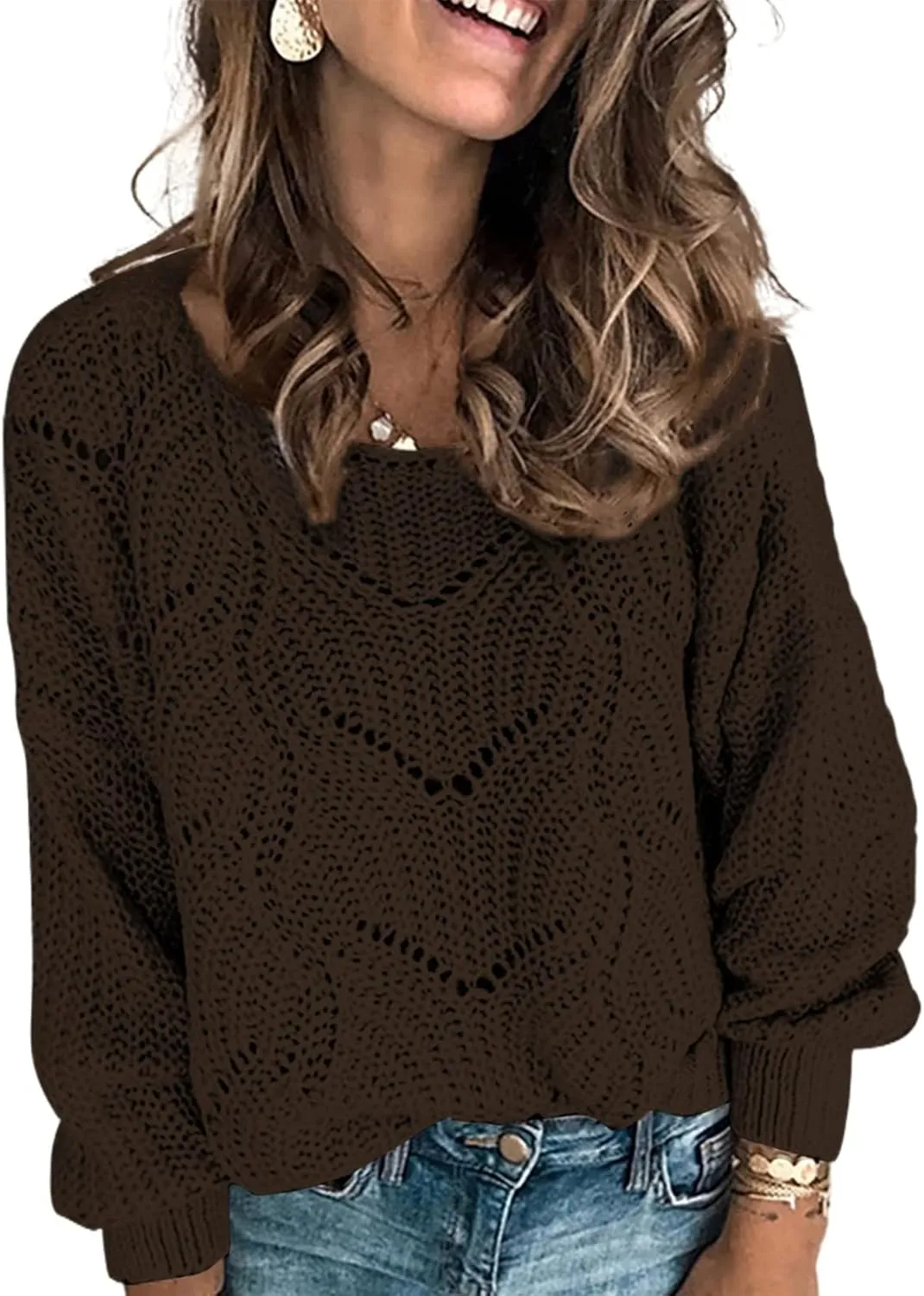 Dokotoo Womens Sweaters 2024 Crewneck Cute Elegant Soft Long Sleeve Hollow Cable Knit Pullover Tops