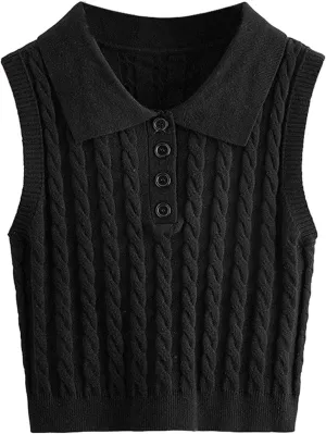 Elegant Women's Polo Collar Cable Knit Vest Sleeveless Button Down Knitted Top Stylish for Office and Casual Looks