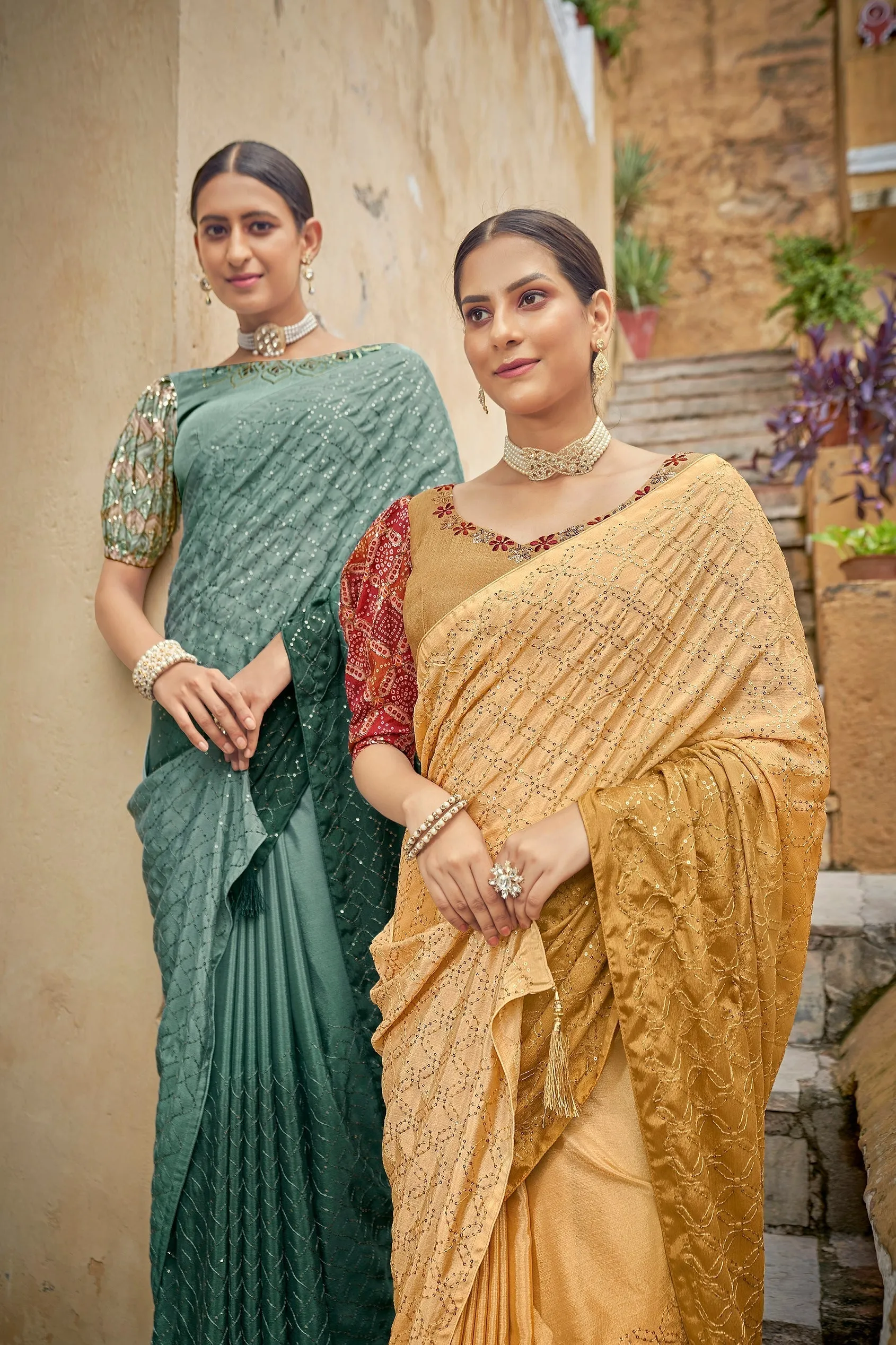 Fancy Green Color Sequence Thread Work Chinon Saree