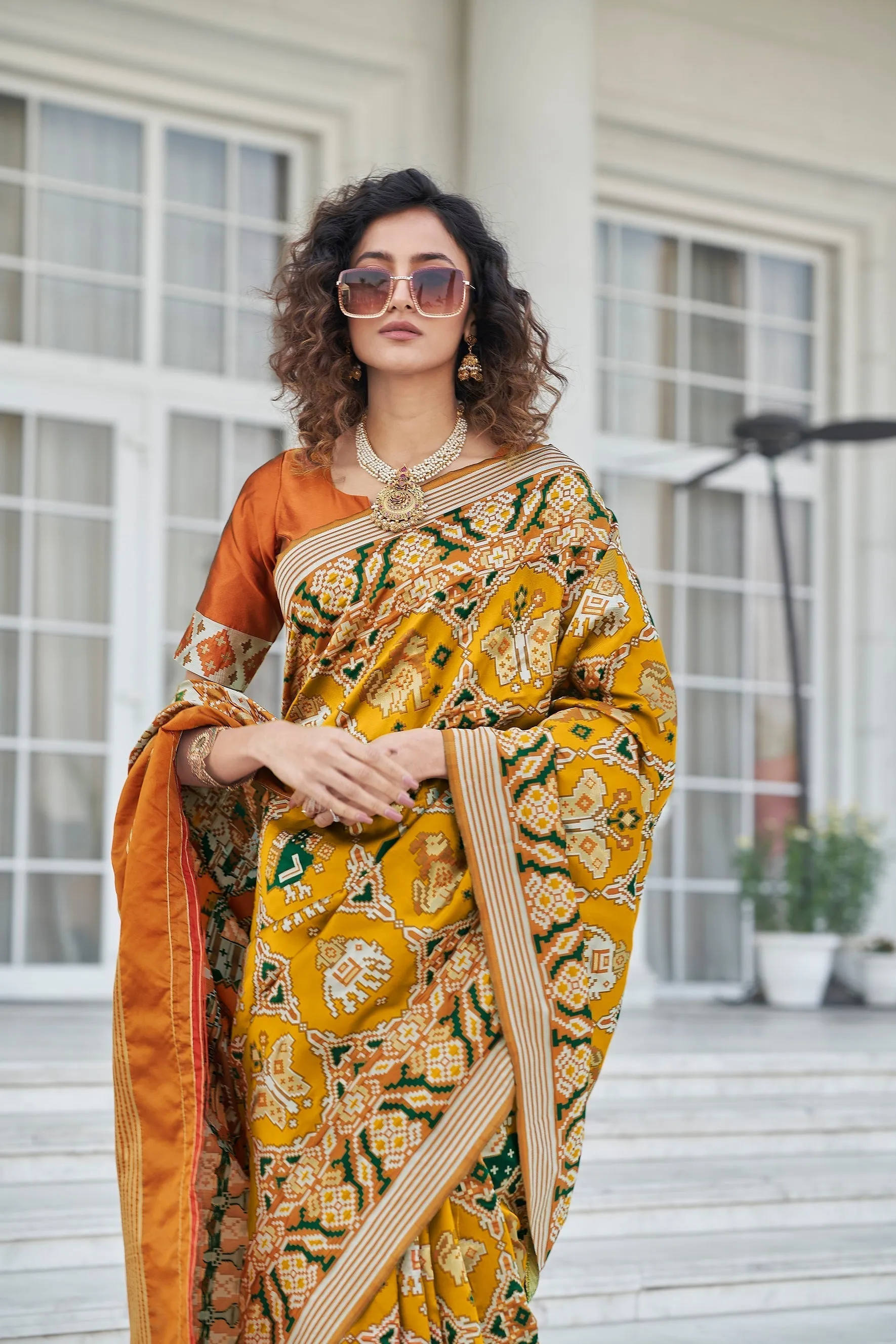 Function Wear Mustard Color Patola Silk Saree
