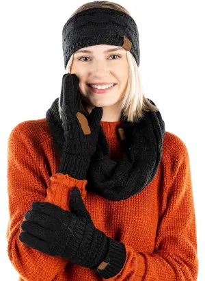 Funky Junque Cable Knit Headwrap, Glove & Scarf Bundle: Black