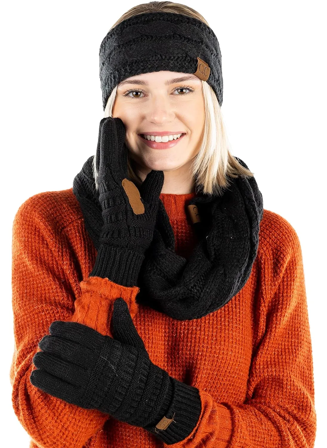 Funky Junque Cable Knit Headwrap, Glove & Scarf Bundle: Black