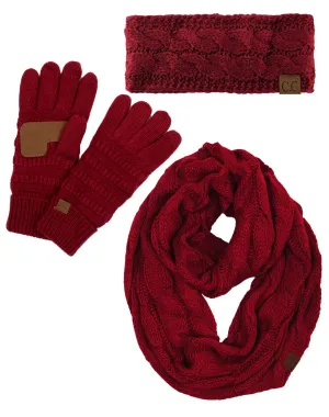 Funky Junque Cable Knit Headwrap, Glove & Scarf Bundle: Burgundy