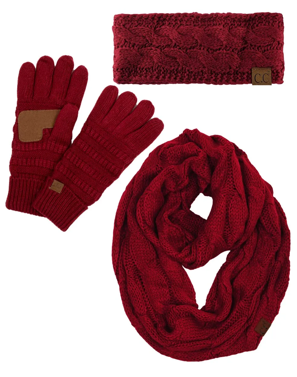 Funky Junque Cable Knit Headwrap, Glove & Scarf Bundle: Burgundy