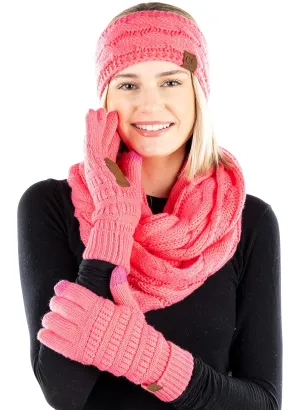 Funky Junque Cable Knit Headwrap, Glove & Scarf Bundle: Candy Pink
