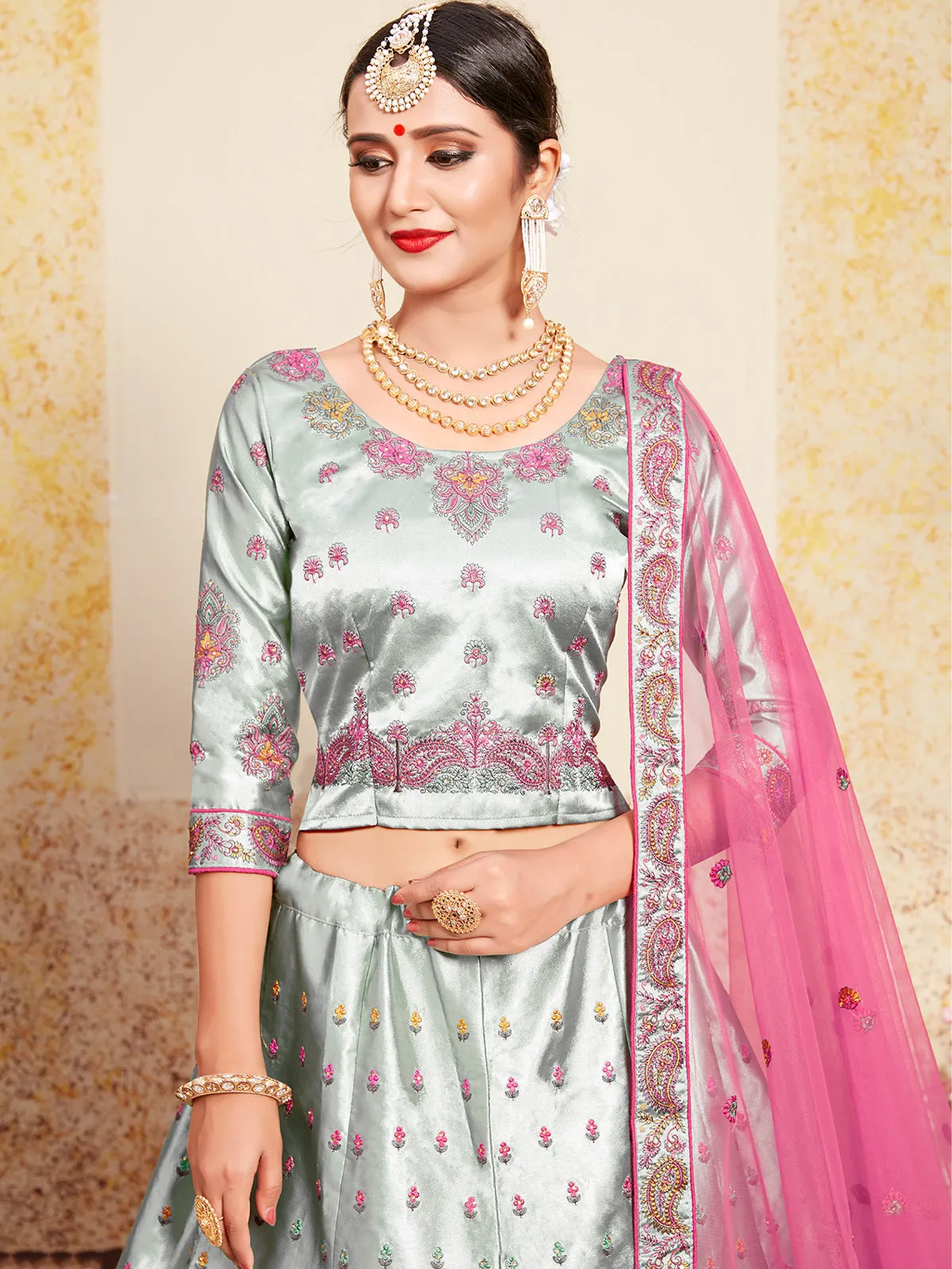 Grey Designer Semi Stitched Lehenga With Unstitched Blouse